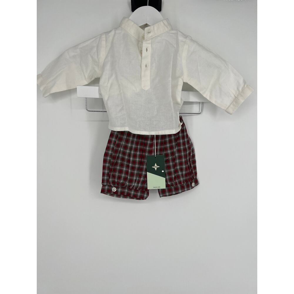 LOUELLE Boys French Collar White Shirt and Tartan Shorts Set NWT 6-12 Months